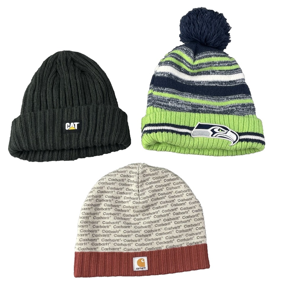 Beanie Hat Cap LOT of 3 Men's Carhartt NFL New Era CAT Chunky Outdoor Workwear